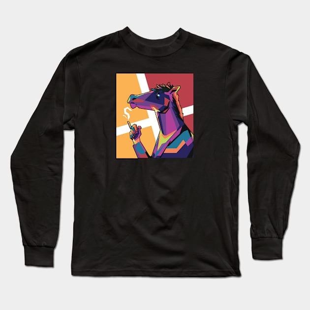 Smoking Horse In Wpap Art Style Long Sleeve T-Shirt by Hanafi